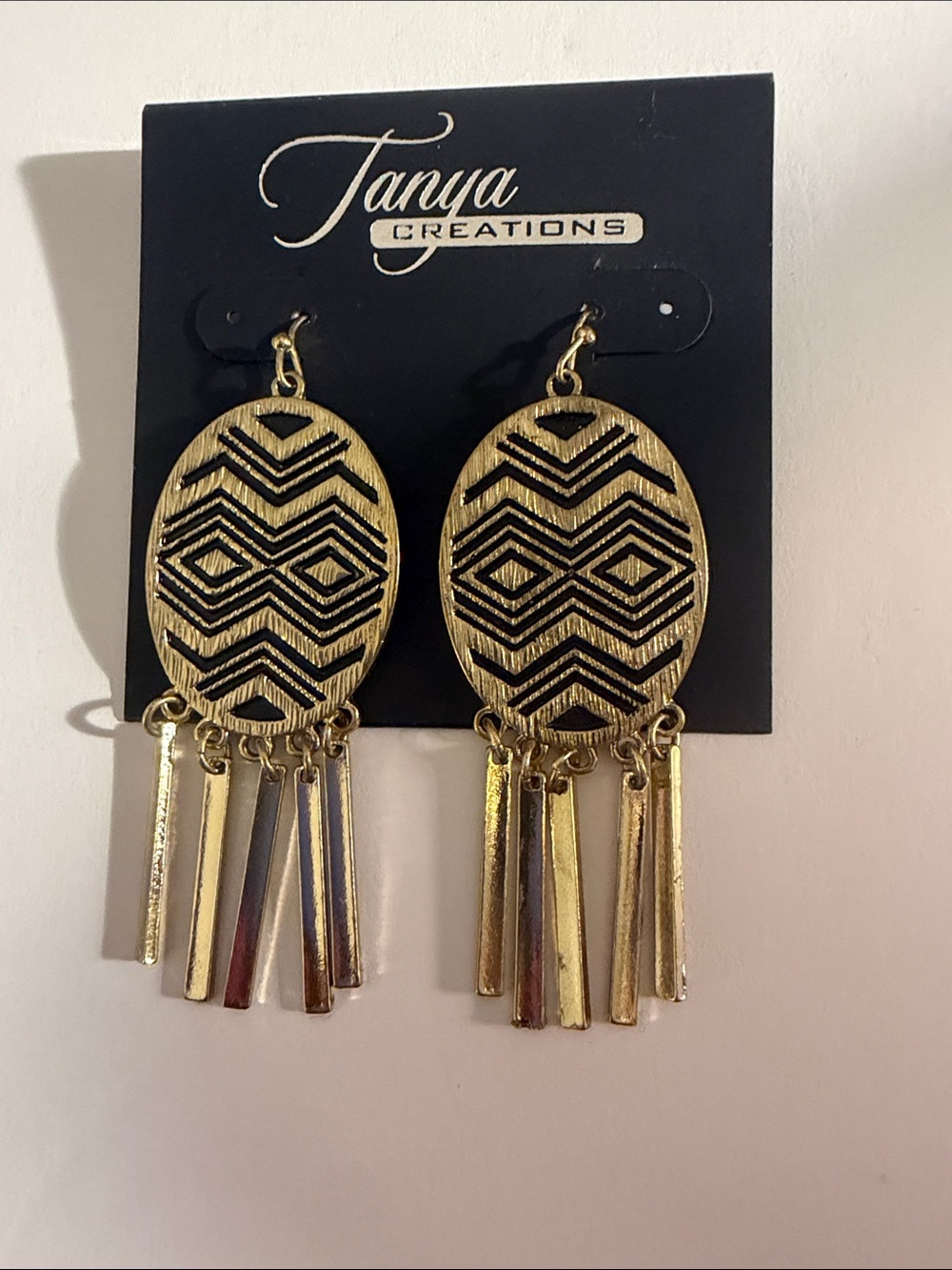 Gold Oval Tribal Dangle Earrings with Bar Fringe